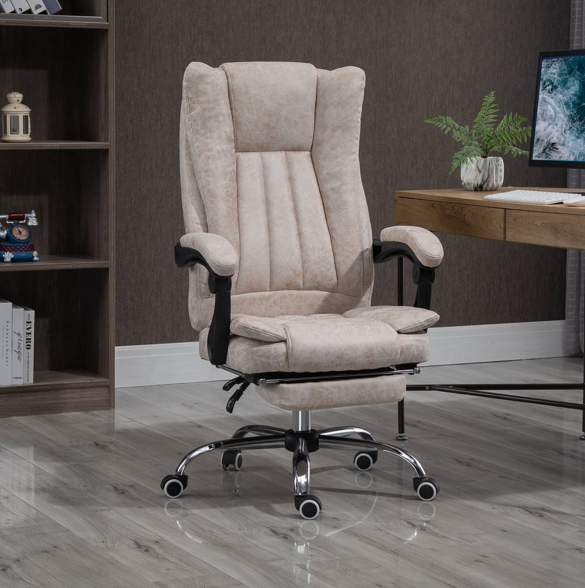 Wishdor bureaustoel 63 x 71 x 110-118 cm met liegefunctie en voetsteun, hoogteverstelbaar, 360° draaibaar, beige