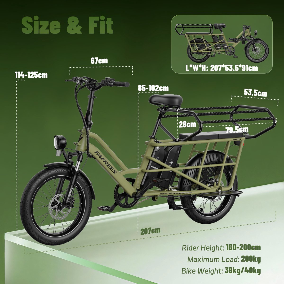 FAFREES 20 inch elektrische fiets met kinderzitjes – E-fiets – E-Bakfiets24Ah accu – maximaal 200kg draagvermogen – max 25km/u – tot 140km – voor gezinsuitjes en dagelijkse boodschappen –Zwart thumbnail 3