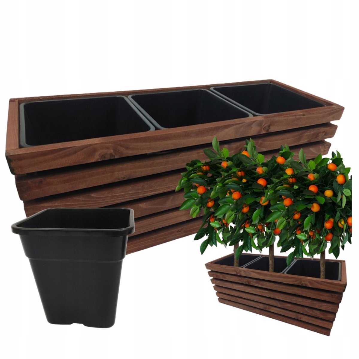 Houten Tuinplantenbak Terras Balkon met 3 x 11L Inzetbakken