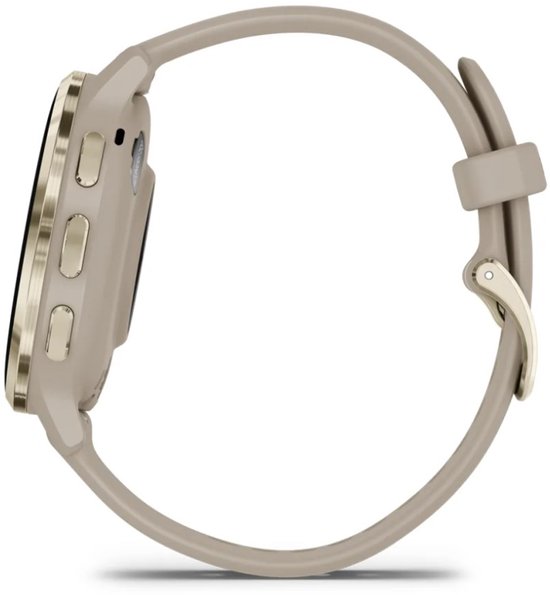 Zijprofiel van een lichtbruine smartwatch met gouden accenten.