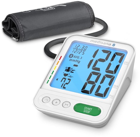 Medisana bloeddrukmeter met blauw scherm en opgerolde grijze manchet ernaast.