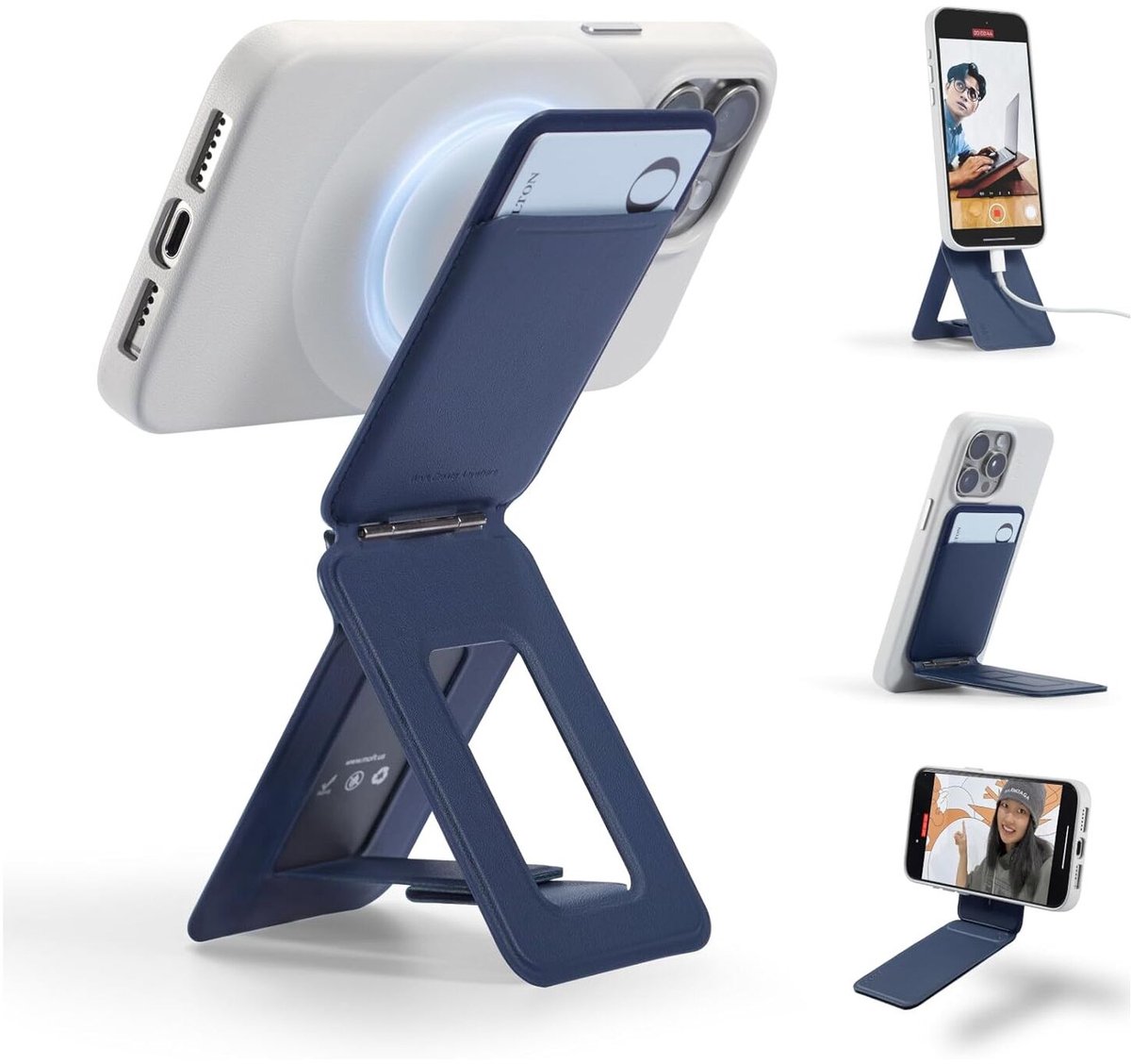 MOFT Tripod Wallet - Kaarthouder & Uitklapbare Standaard 20CM - Compatibel met MagSafe - MOVAS Vegan Leer - Magnetische Portemonnee 2 Pasjes - Blauw