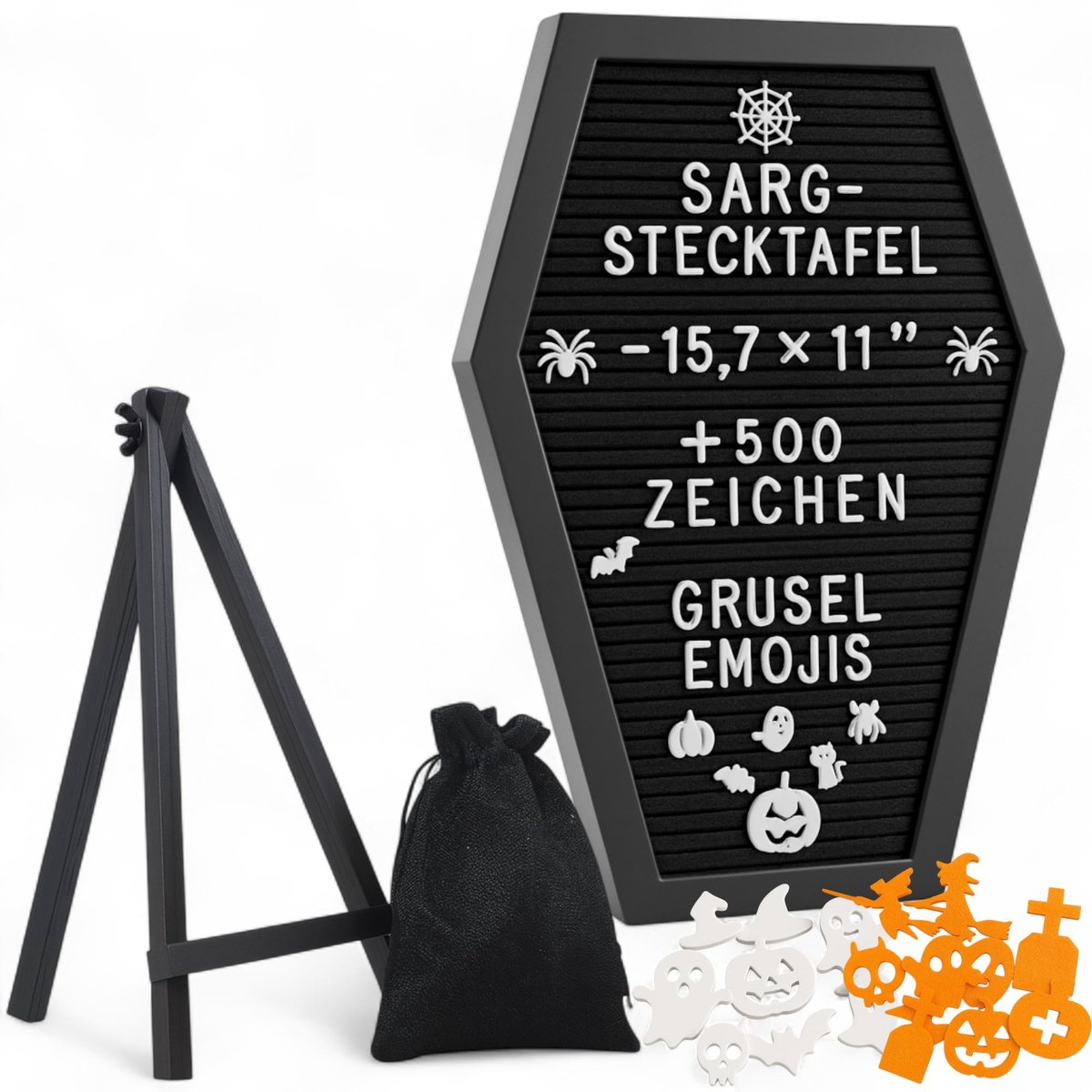 Dailygoods- Letterbord met meer dan 500 tekens - Houten standaard - Gotisch letterbord - Halloween-decoratie - Griezelige emoji's - 40 x 28,5 cm - Steekbord