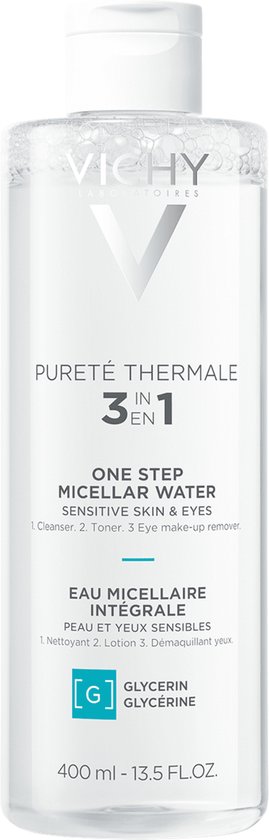 Vichy Pureté Thermale 3-in-1 micellair water in een doorzichtige fles met witte dop. Bevat 400ml.