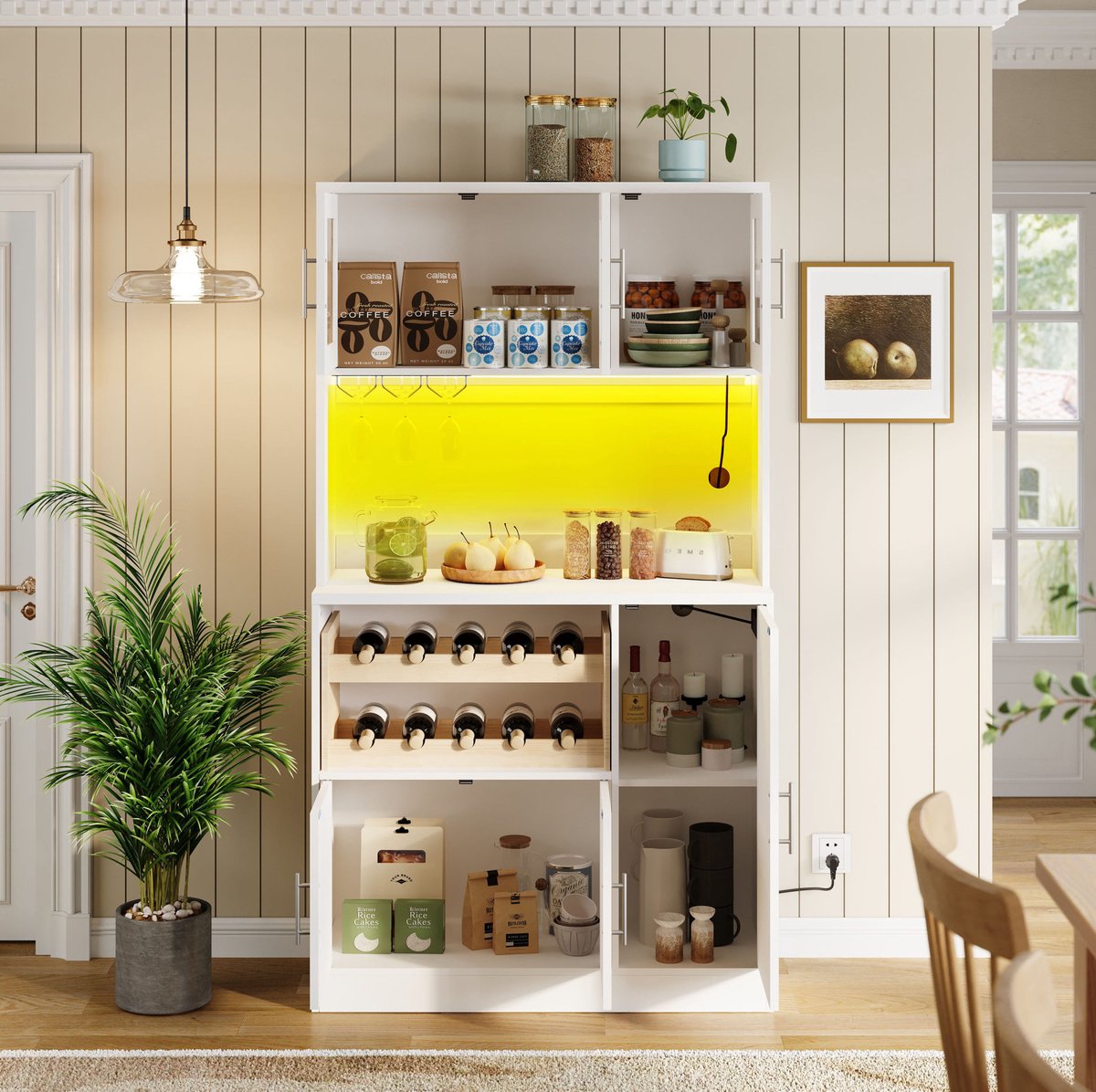 FloraGrace Keukenkast - Met Ledverlichting En Stopcontact - Wijnrek En Glazenhouder Voor Keuken En Eetkamer - MDF - 100x40x180 Cm - Wit White