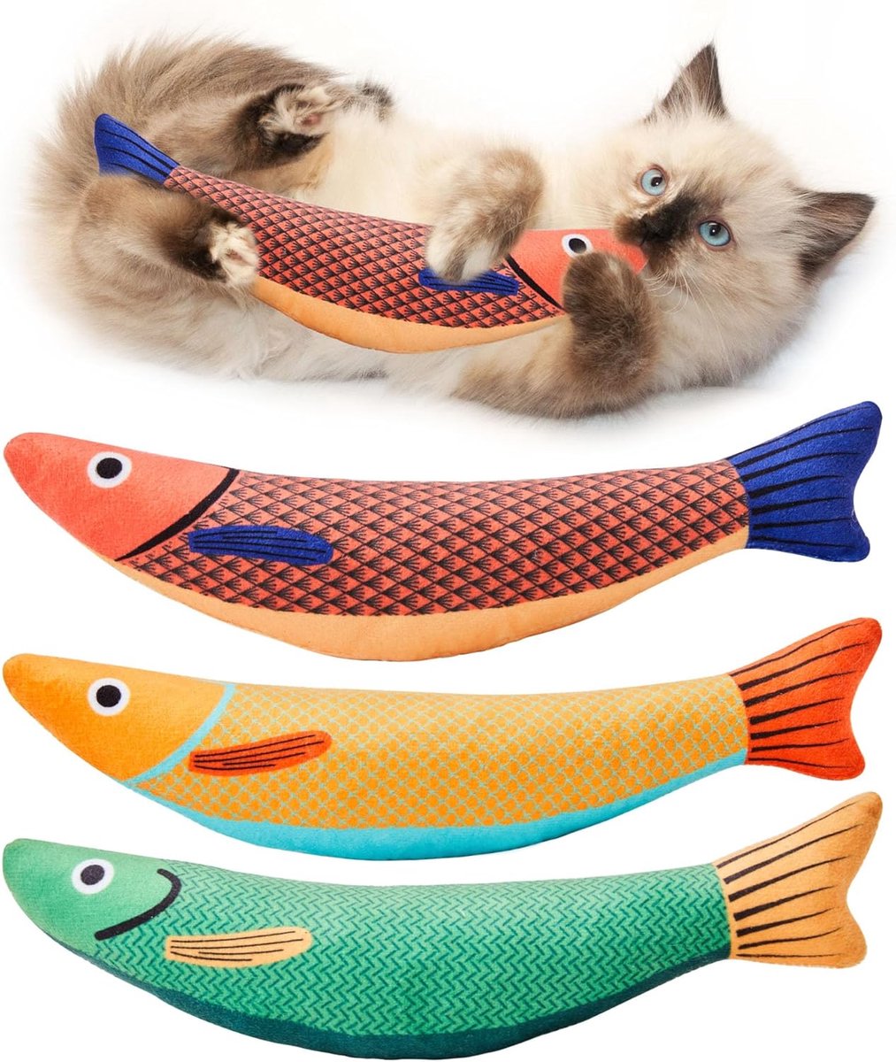 Oneay Kattenspeelgoedset, 3 visjes met kattenkruid en knisperend geluid, zacht interactief speelgoed voor katten, training van zelfstandigheid en intelligentie voor alle rassen.