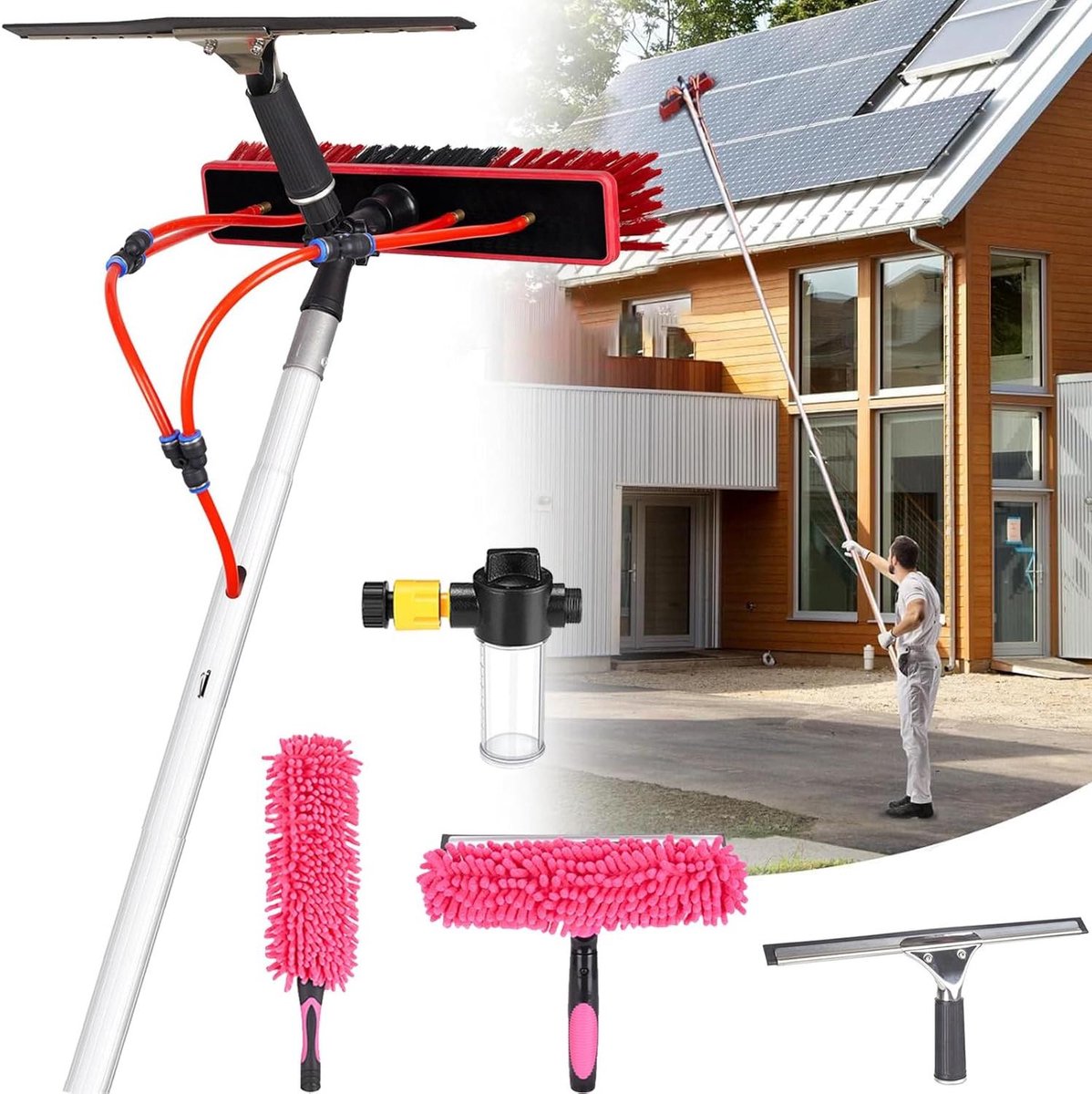 Telescopische Reinigingsset - Waterleidende Borstel - Ramen Zonnepanelen - Inclusief Zeepdispenser - 5 Meter - Grijs