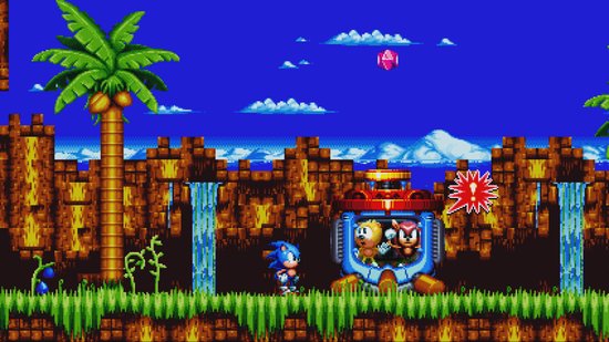 Sonic de egel staat naast een blauwe en rode capsule met de karakters Mighty en Ray. Op de achtergrond een palmbomen en watervallen.