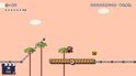Mario springt op een houten platform in een woestijnlandschap met palmbomen en een zon met een gezicht.