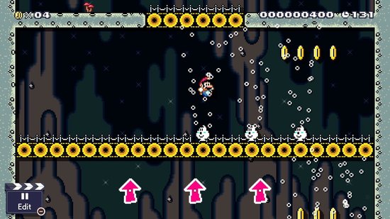 Mario springt in een donkere grot met pratende paddenstoelen en gouden munten.