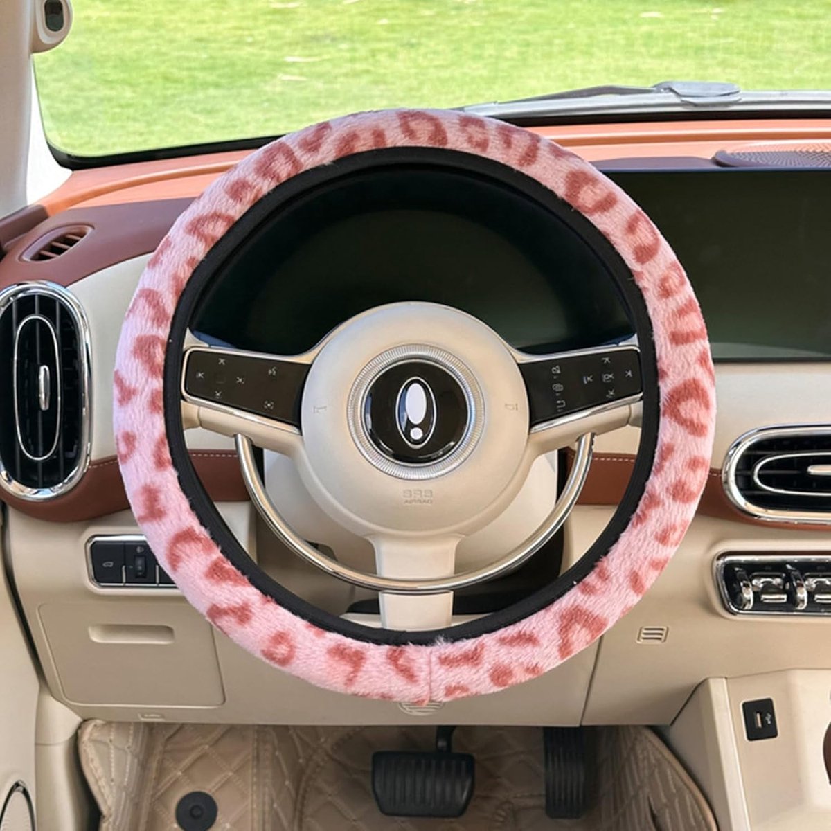 JeiibrZui Pluche Winter Stuurhoes Roze Luipaard - 38 Cm Universeel - 1 Stuks Comfortabel Anti-Slip - Voor Dame Auto Interieur