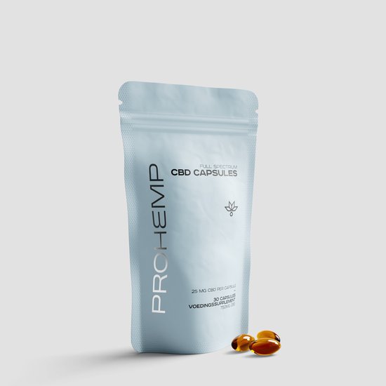Lichtblauwe zak met ProHemp logo, 'FULL SPECTRUM CBD CAPSULES', 25 mg CBD per capsule, 30 capsules, voedingssupplement.