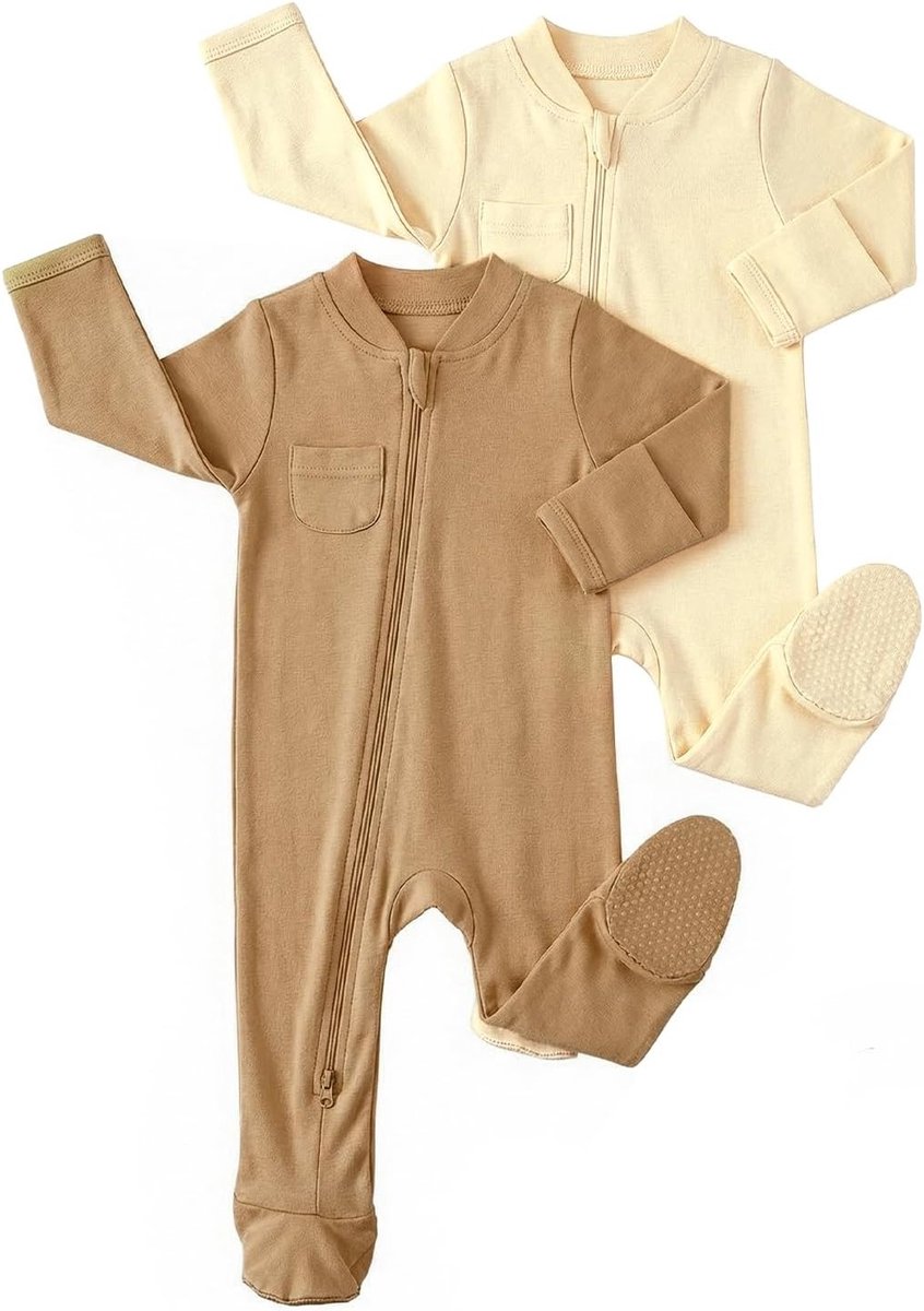Set van 2 Katoenen Babypyjama's met Lange Mouwen voor Pasgeborenen, Jongens en Meisjes, Beige-Kaki, 12-18 Maanden, Comfortabele Baby Kleding