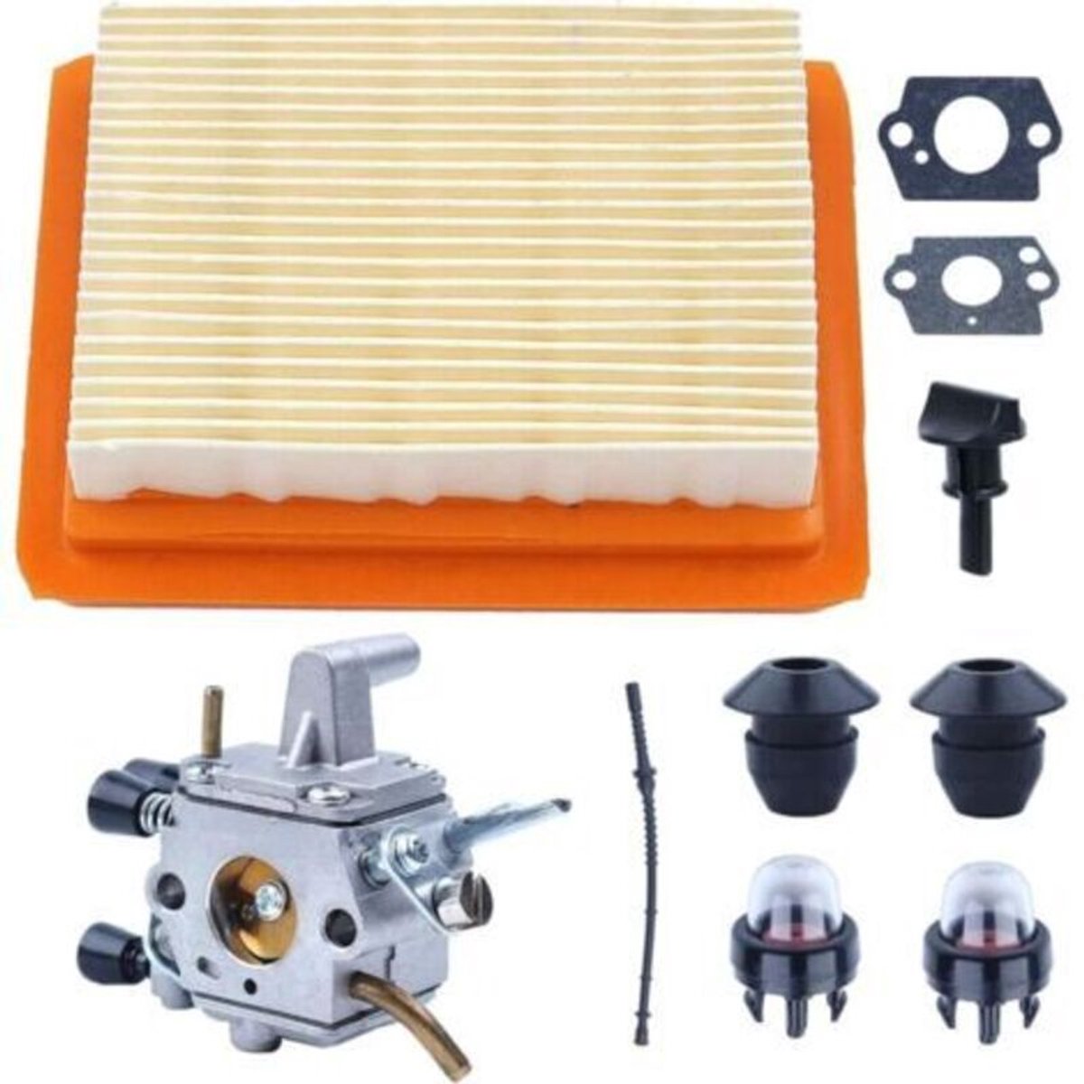 Carburateurrevisiesets geschikt voor Stihl FS120, FS200, FS020, FS202, FS300 en FS350 bosmaaiers, inclusief pakkingen, luchtfilters, brandstofleidingen en startpompen.