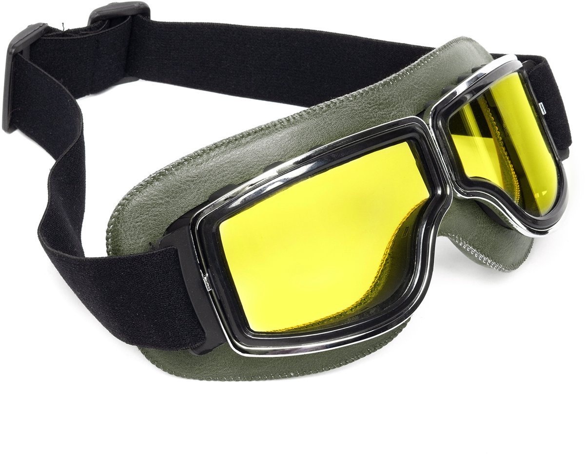 KIMU® Goggles Motorbril Skibril - Bril Groen Montuur - Gele Glazen - Leatherlook Pilotenbril Vintage Motor Retro Steampunk Lederen Heren Festival