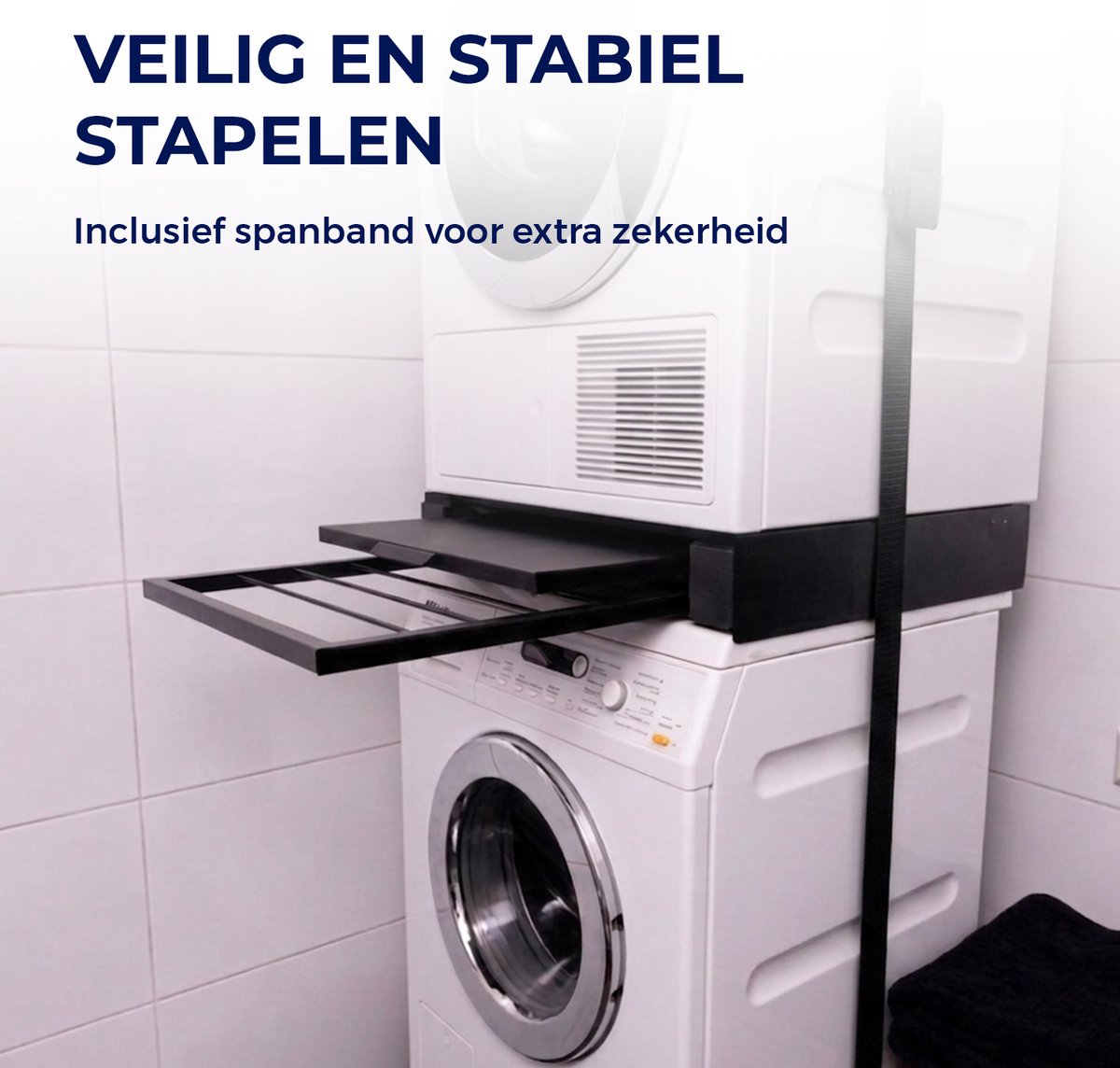 ProductXpert Stacko™ - Stapelkit - Tussenstuk - Uitschuifbare Plank met Handdoekhouder - Wasmachine en Droger - Zwart - Antislip — afbeelding 2