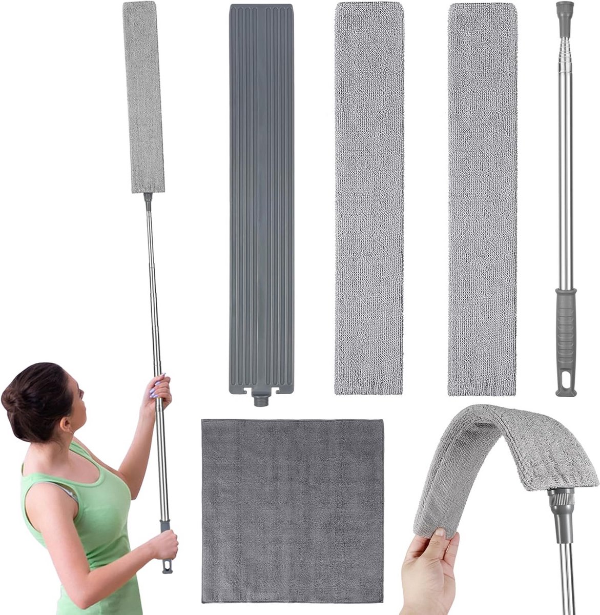 Verstelbare Stoffer - Flexibele Schoonmaker - Moeilijke Plekken Reinigen - Buigbare Platte Doek - Tot 2.8 meter - Grijs