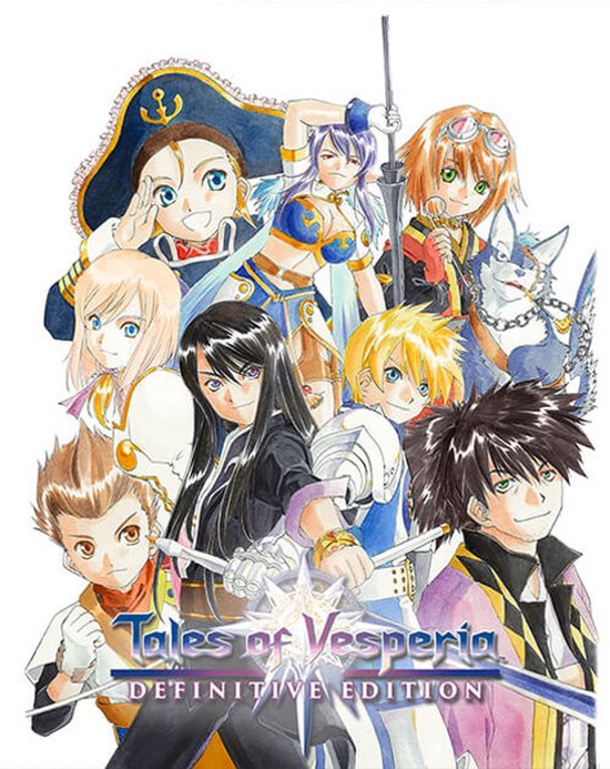 Illustratie van de personages van Tales of Vesperia Definitive Edition, met de titel.