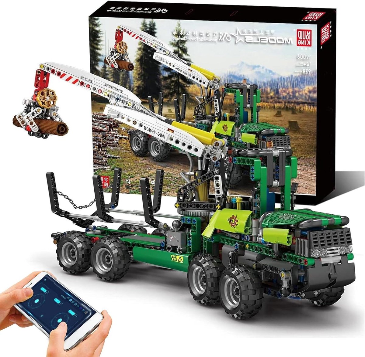 Bouwvoertuig Bouwpakket - Houttruck Kraan - Creatief Spelen - Pneumatische Functie - 47 cm Lengte - Groen