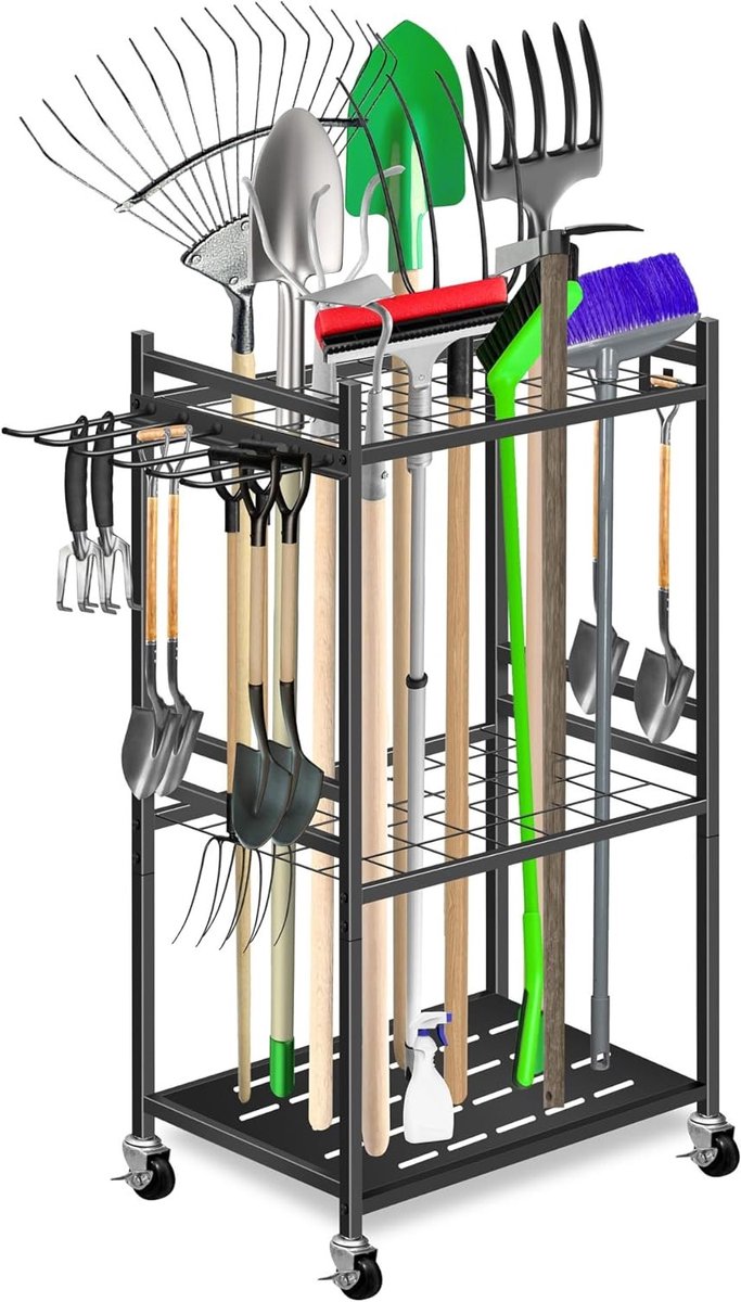 Tuinhulpmiddelen opbergrek met verstelbare haken en slotbare wielen, ideaal voor het organiseren van tuinaccessoires in de garage of tuin met 360° draaibare wielen