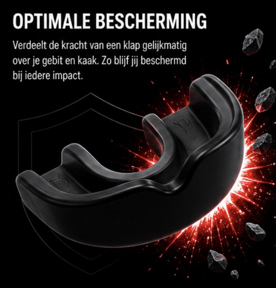 Zwarte gebitsbeschermer, verdeelt impactkracht, met schild-icoon.