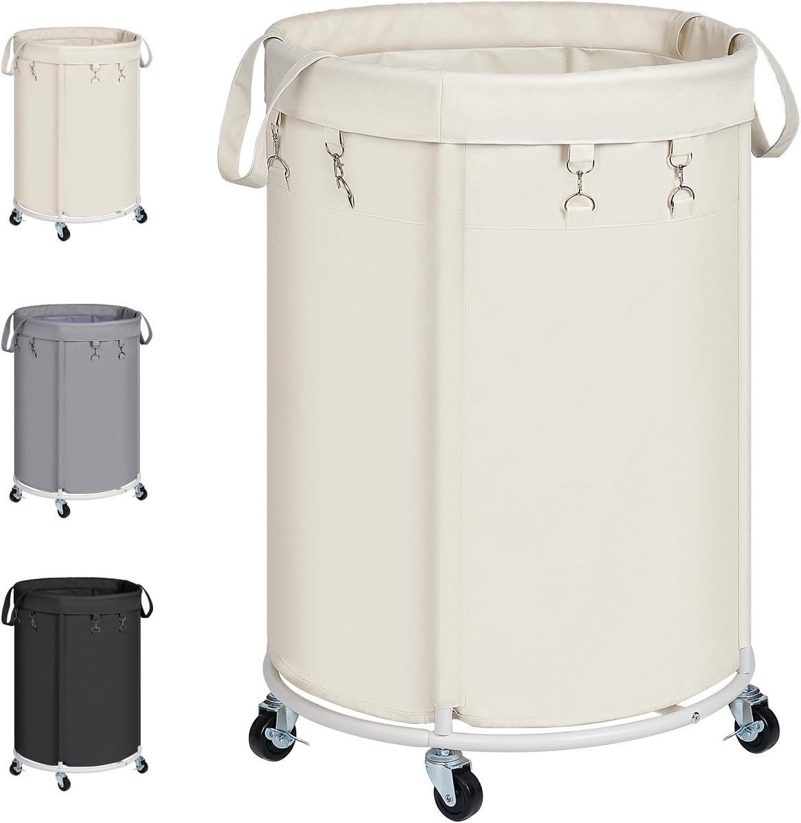 Grote wasmand met wielen, metalen frame en waterdichte waszak voor wasruimte, slaapkamer en badkamer, beige kleur, ideaal voor efficiënt wassen en organiseren van kleding