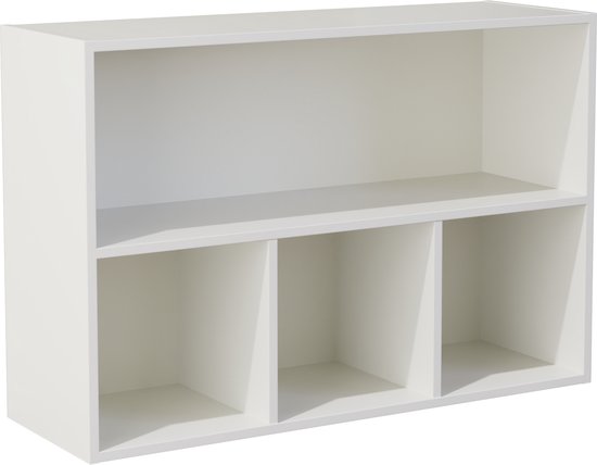 Witte open kast met een vak boven en drie vakken onder, schuin van voren gezien.