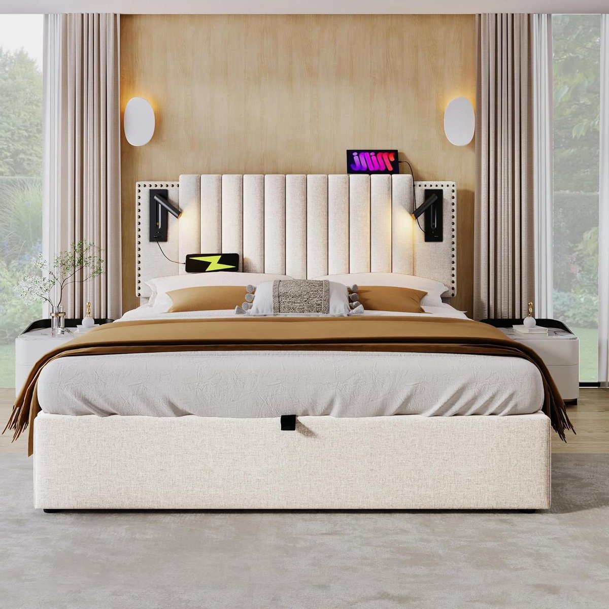 Gestoffeerd Bed - Ladenkast Bed - Opbergen Slapen - Met Leeslamp USB - 140x200 cm - Beige