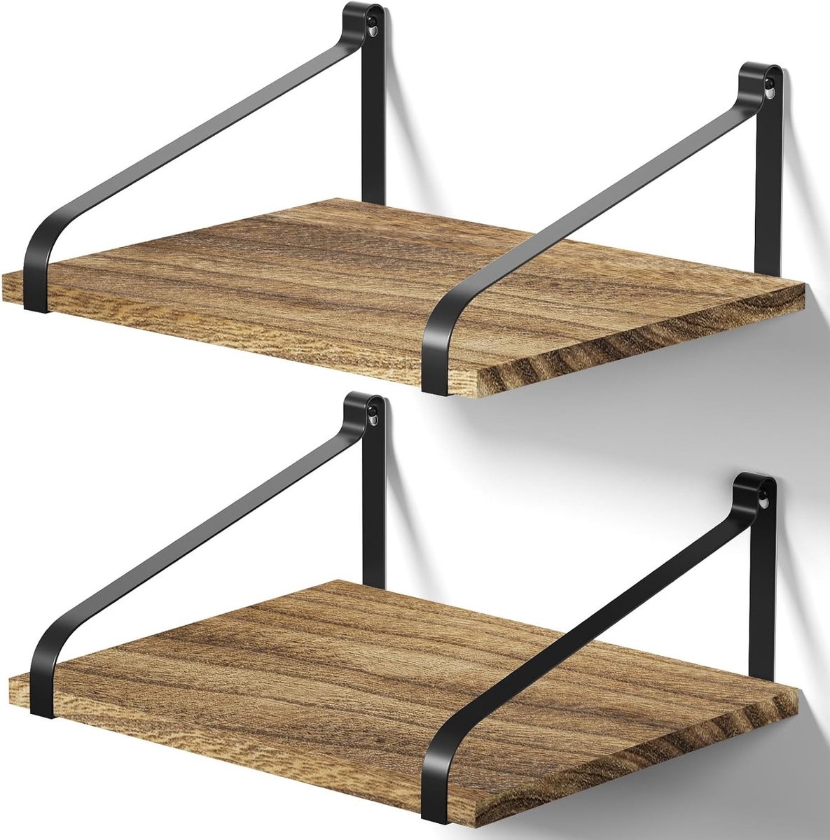 Moderne Wandplank Set van 2 - Zwarte Houten en Metalen Drijvende Planken voor Keuken, Woonkamer, Badkamer en Slaapkamer - 42 x 31 x 18 cm