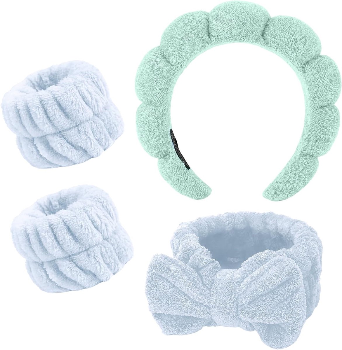 Set van 4 Haarbanden en Polsbanden voor Dames - Ideaal voor Spa, Gezichtsreiniging en Yoga (Blauw)