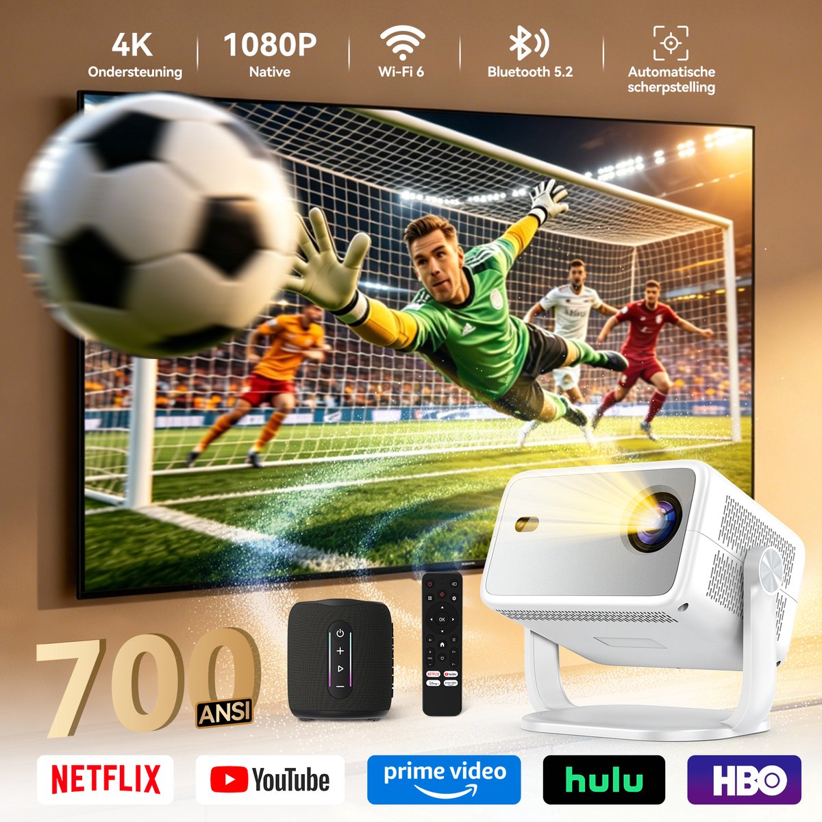 Huidun PT10-projector + Blackview AuraBass 2-luidspreker - thuisbioscoopset - 8000 lumen, Wi-Fi 5, autofocus, Android 13 - waterdicht volgens IPX7, Bluetooth 5.3, 7 uur batterijduur - compact en draagbaar, geluidsarm — wit en zwart