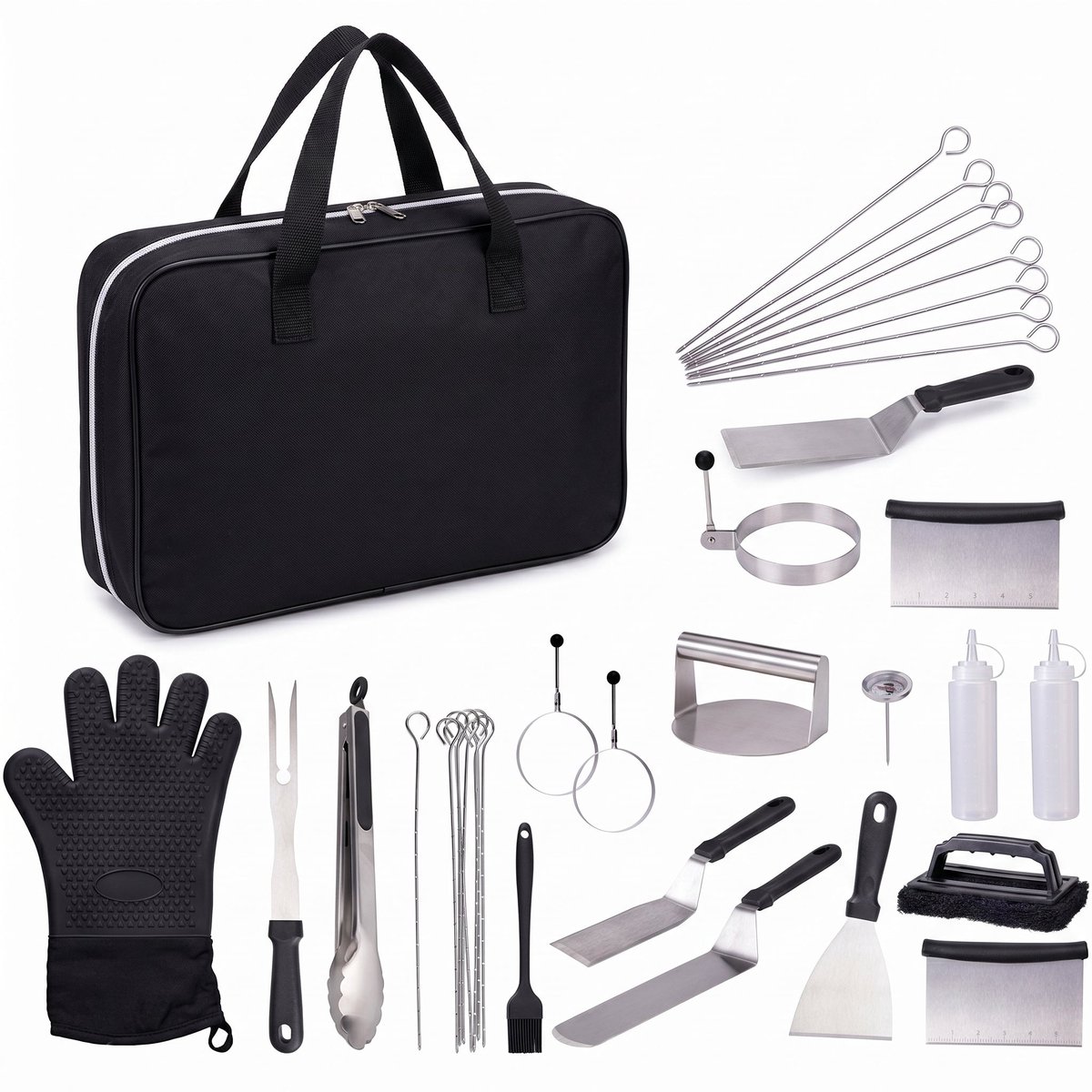 Lomera BBQ Accessoires Set van 24 - Barbecue Gereedschapset - Barbecue Gereedschap - BBQ Gereedschap - Grillset - Vleesthermometer - Barbecue Tang - Spatel - Grillborstel - Spiezen - BBQ Handschoen - Draagtas - Grillaccessoires - Barbecue