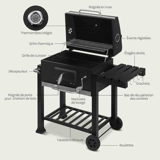 LUMÉ STORE Houtskool Barbecue XXL - BBQ - Grill Apparaat - Ingebouwde Thermometer - Aslade - Opbergrek - Zijplank - Wielen - Zwart — afbeelding 2