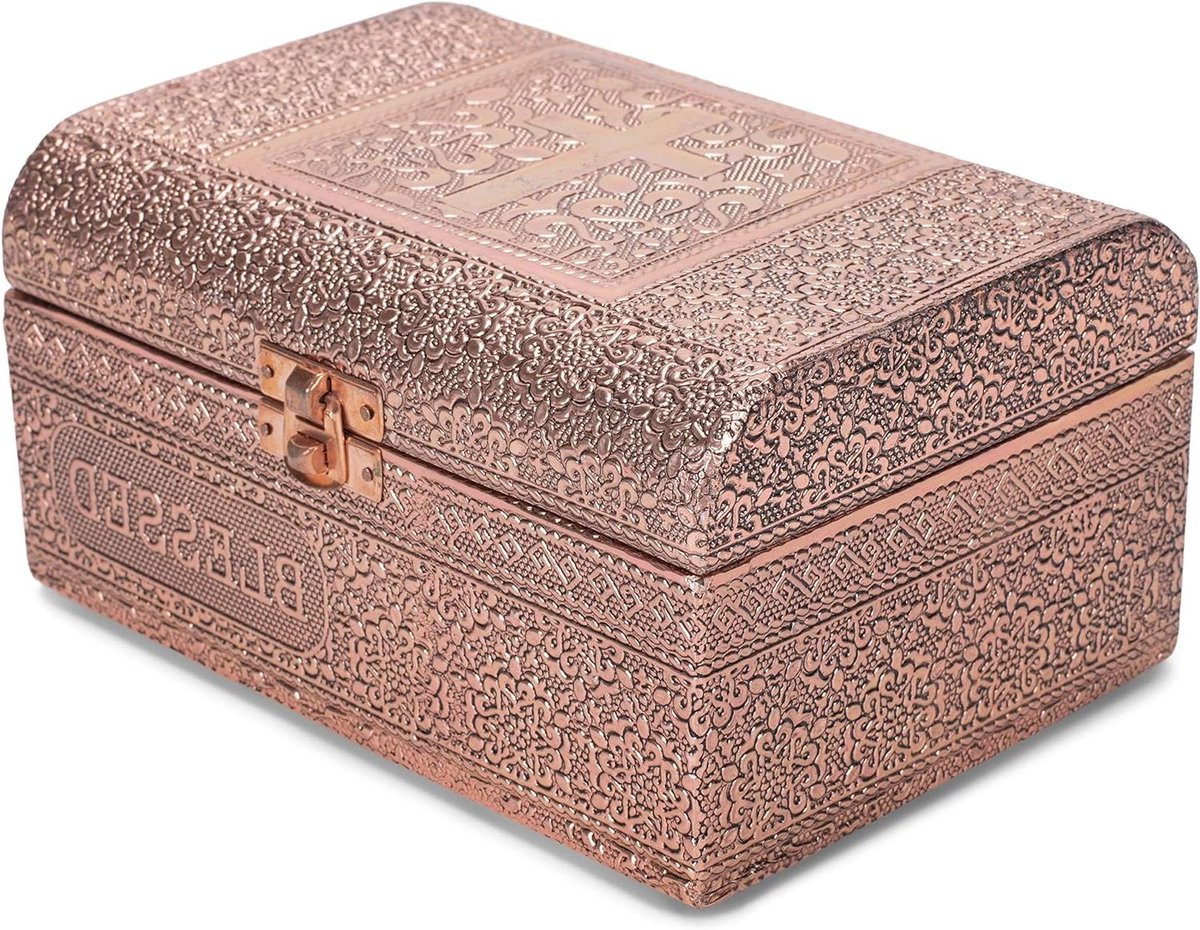 Decoratieve Bewaardoos - Schatkistje Sieradendoos - Thuis Organiseren - Koperkleurig Gestempeld Metaal - 18 x 13 x 9 cm - Koperkleurig
