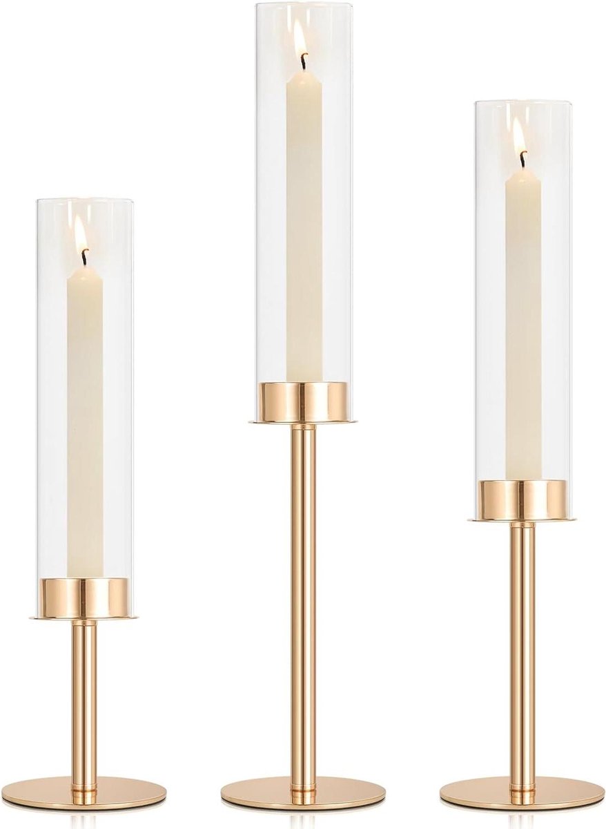 Kaarsenhouder Set - Kandelaar Houder - Sfeer Creëren - Winddicht Glas - 3 stuks 14-18 inch - Goud