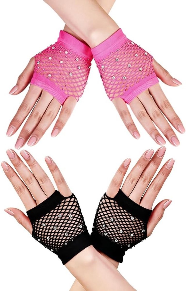 Nethandschoenen met strass-steentjes voor dames, vingerloos, jaren 80 stijl, roze neon, feestaccessoires voor themafeesten en cosplay, Halloween en retro kostuums
