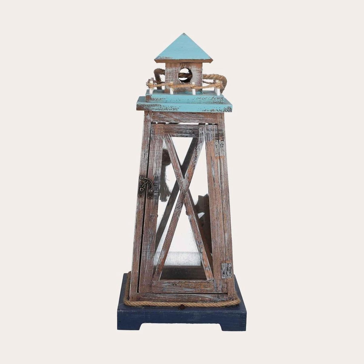 Houten Lantaarn - Decoratieve Lamp - Sfeer Creëren - Maritieme Charm - 15 Kilogram - Bruin Lichtblauw