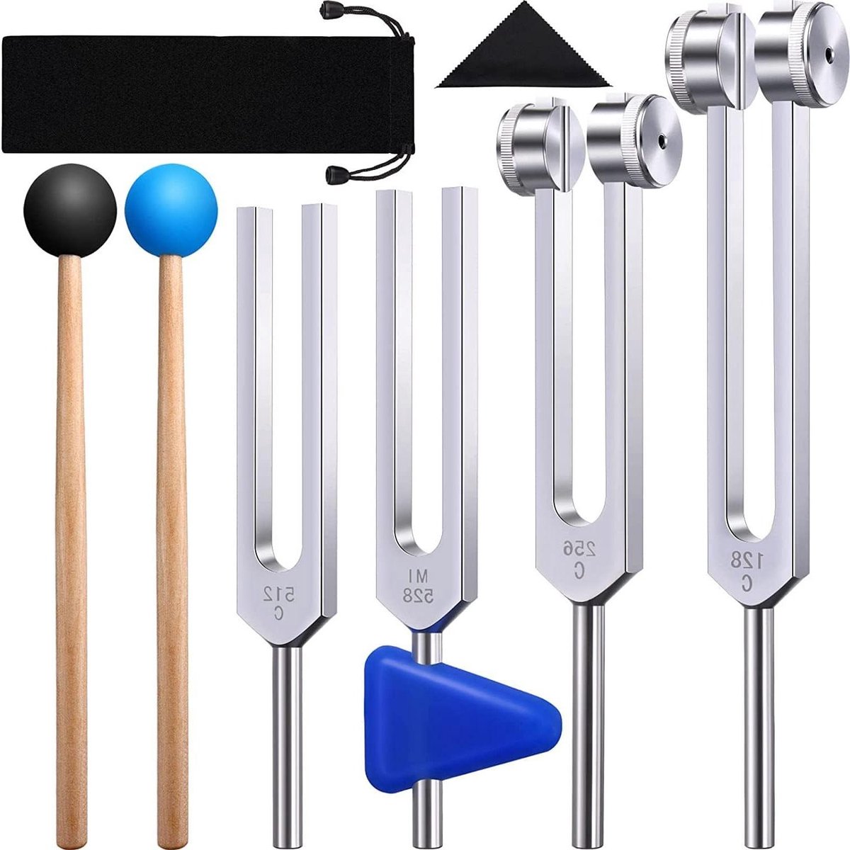 Stemvorken Set - Geluidsvorken Trillingen - Meditatie en Muziek - Vier Verschillende Frequenties - 24 cm - Zwart Zilver Hout