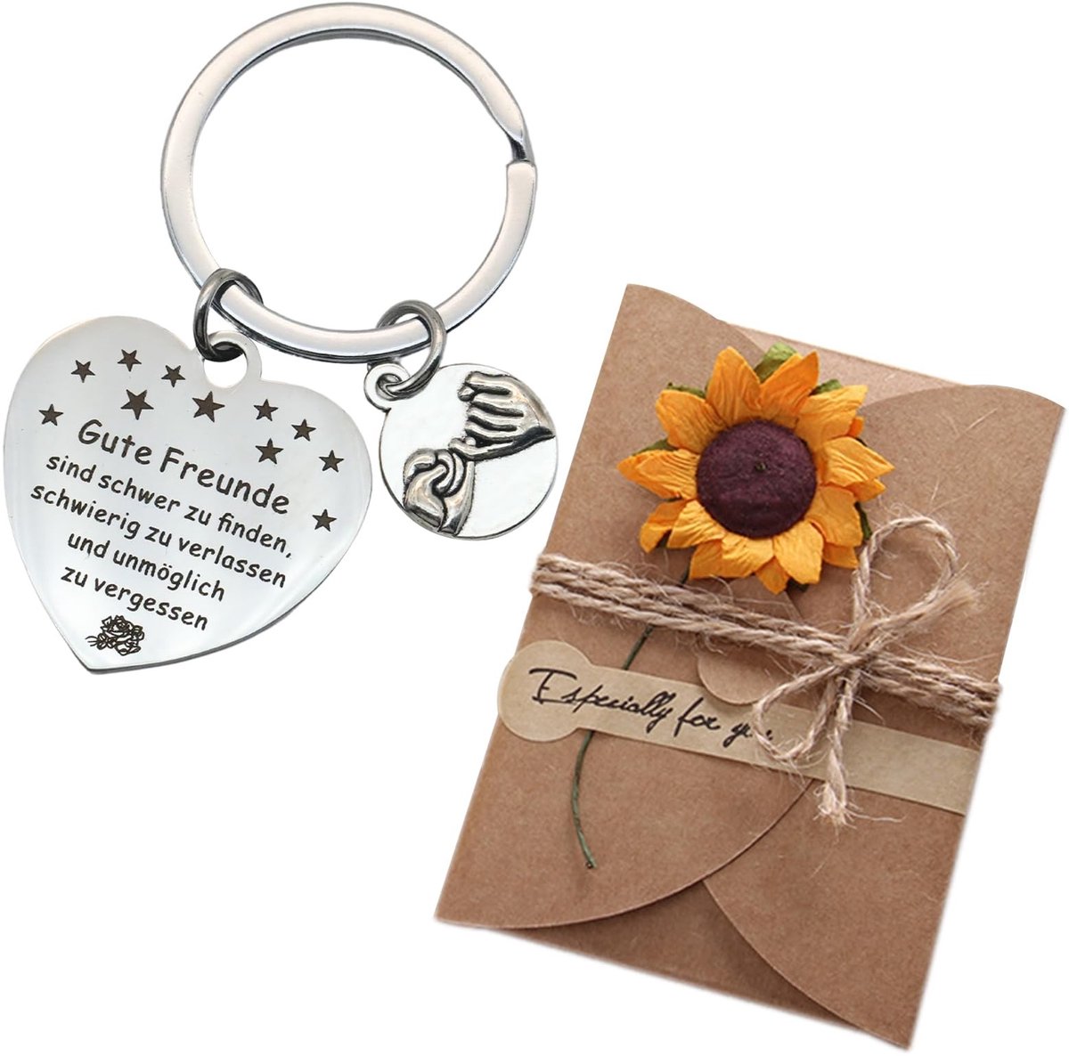 Dailygoods- Sleutelhanger Vriendschap - Ronde Sleutelhanger - Zilverkleurig Metaal - Wenskaart met Envelop - Pinky Swear Symbool - Handgeschreven Notitie - Cadeau
