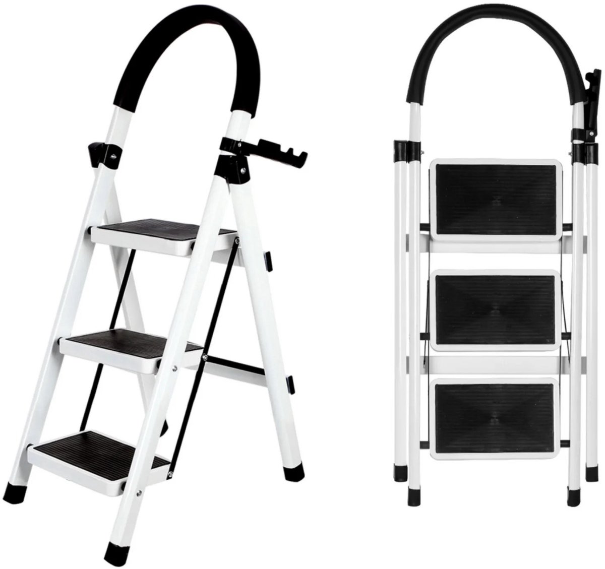 HomeGoodies - Huishoudtrap - Keukentrap - Opstapje - 3 treden - Met handsteun - lichtgewicht - 150kg draagvermogen - Wit