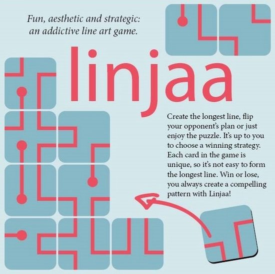 Linjaa bordspel met een opstelling van turquoise tegels met rode lijnen en spelinstructies.