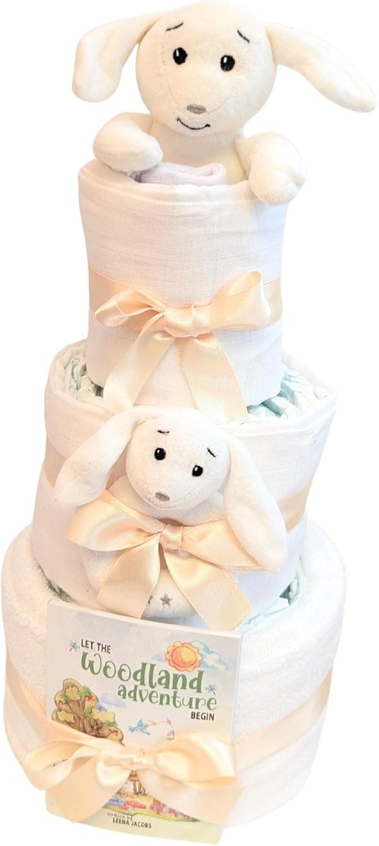 Luiertaart Babycadeau - Kraamcadeau Set - Geboorte Vieren - Inclusief Dagboek - 3 Lagen - Wit