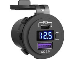 48W USB C Autolader Inbouw,Qidoe 12V/24V Dubbele USB-oplader PD3.0 en QC3.0 met LED Digitale Voltmeter en Schakelaar Snelle Lader Voor Auto,Geschikt,Boten,Bussen,Vrachtwagens,Golf,RV,Motorfiets