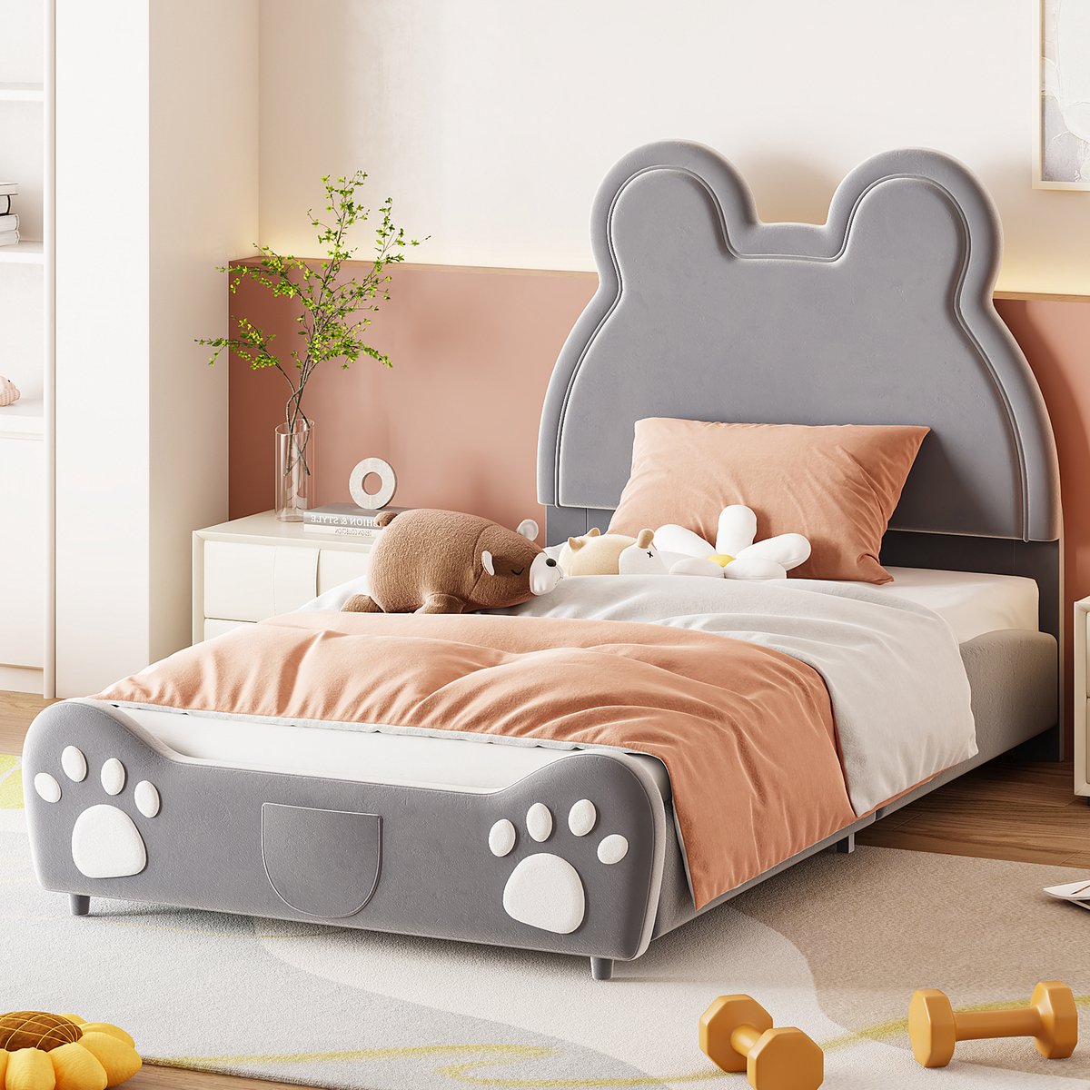 Kinderbed 90x200 Grijs – Berenbed met Zacht Fluweel – Kinder Polsterbed