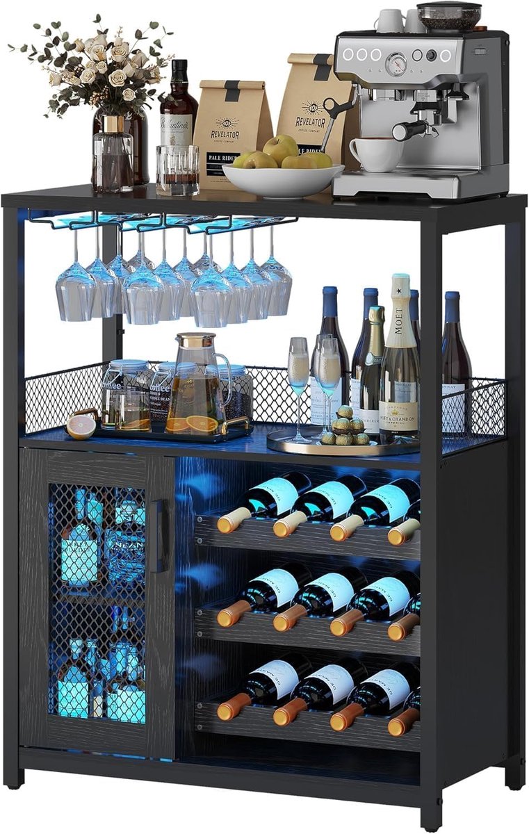Industriële wijnbar met 3 lagen – LED-verlichting, verstelbaar wijnrek, glazenhouder, opbergruimte voor 12 flessen – Houtnerf – Woonkamer, keuken, eetkamer – Zwarte houtnerf, verlichting