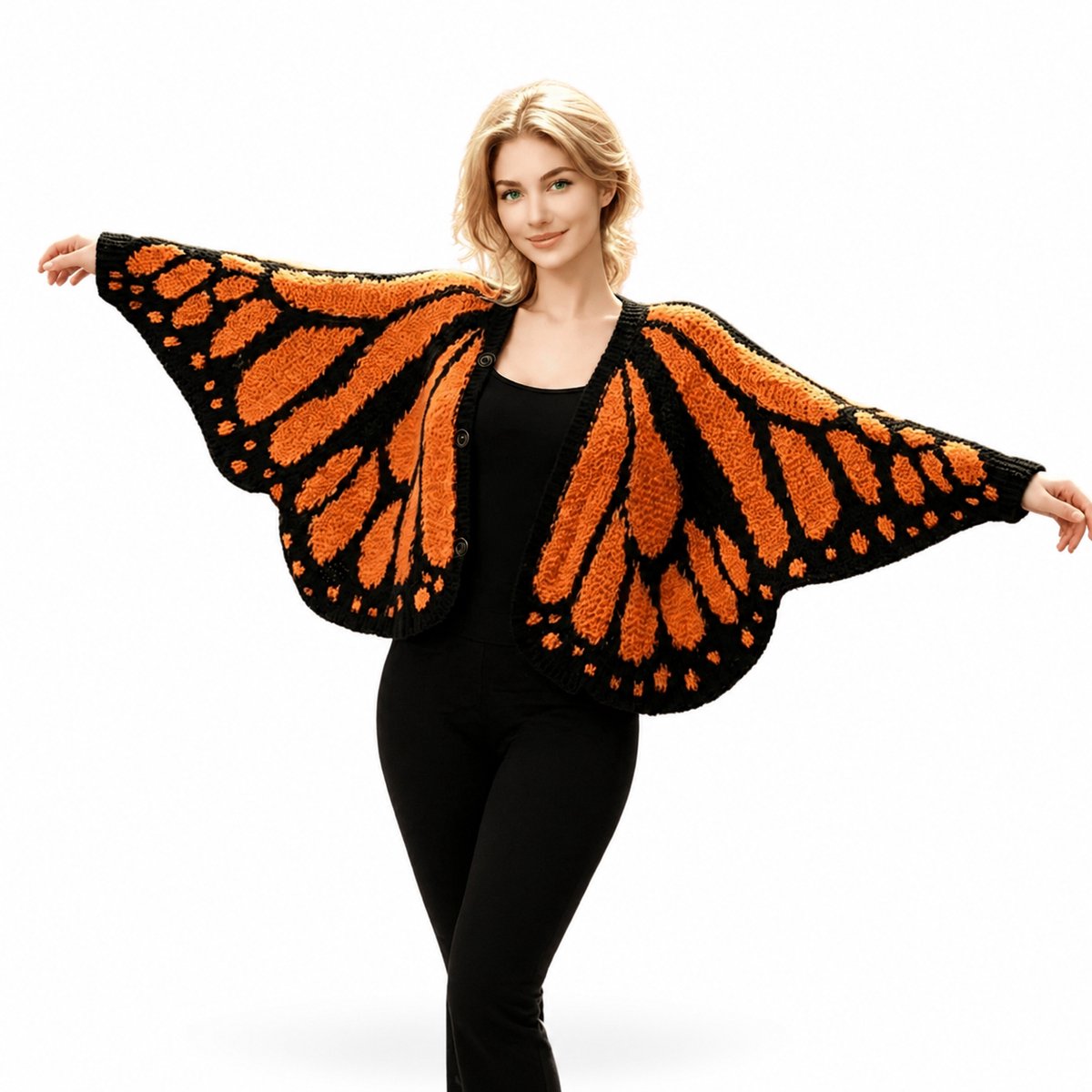 Daity 1 stuk - Gebreid vest met monarchvlinder-motief, gehaakt vest met open voorzijde en vlindervleugel-look, behaaglijke gebreide omslagdoek met knoop, vlinderpatroon