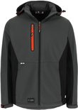Grijze softshell werkjas met zwarte zijpanelen en een opvallende oranje rits op de borstzak.