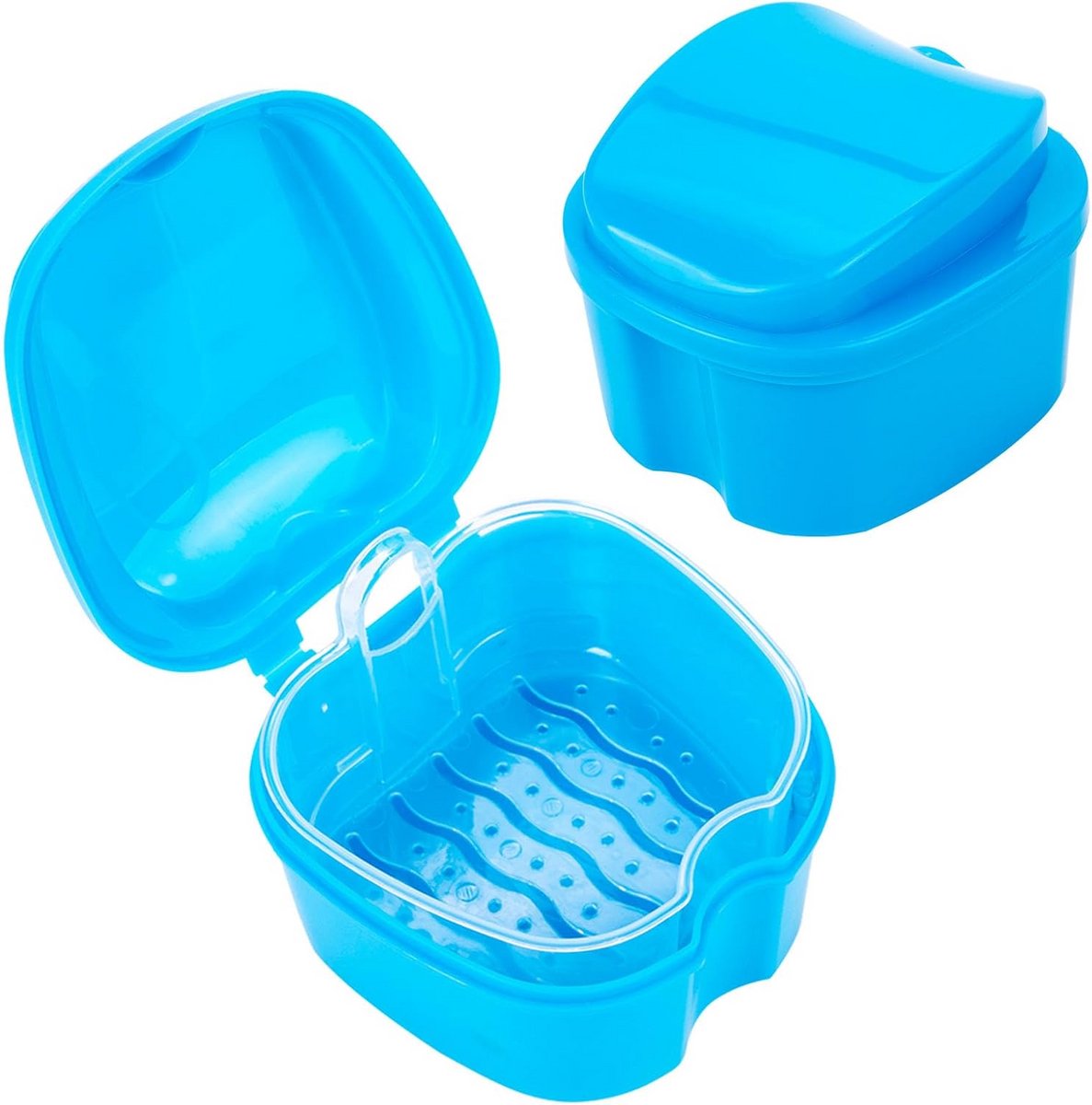 Prothese Reinigingsset - Kunstgebit Doosje - Kunstgebit Reinigen - Met Hangend Zeefje - 9.5 x 9.2 x 7 cm - Blauw