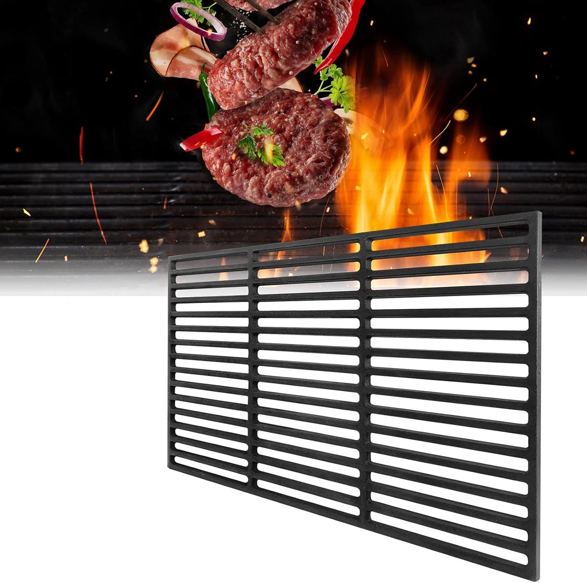 Gietijzeren grillrooster - Rechthoekig rooster - Buiten koken - Gelijkmatige warmteverdeling - 42 x 28 cm - Zwart