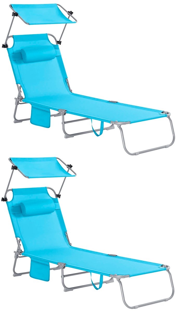 Geargalaxy Ligstoel Set - Tuinligstoel - Zonnestoel - Strandstoel - Relaxstoel - Klapstoel - 2-delig - Met Zonnedak - Blauw
